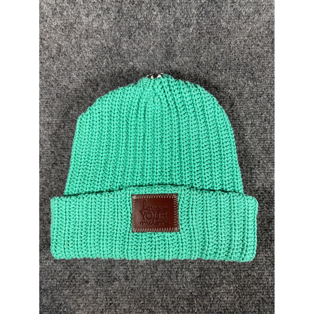 Love Your Melon Mint Green Cuffed Beanie Cotton Knit Hat USA Made Leather Patch